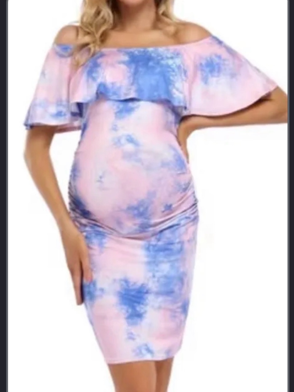 Women’s One-Shoulder Maternity Tie-Dye Dress in Pink & Blue